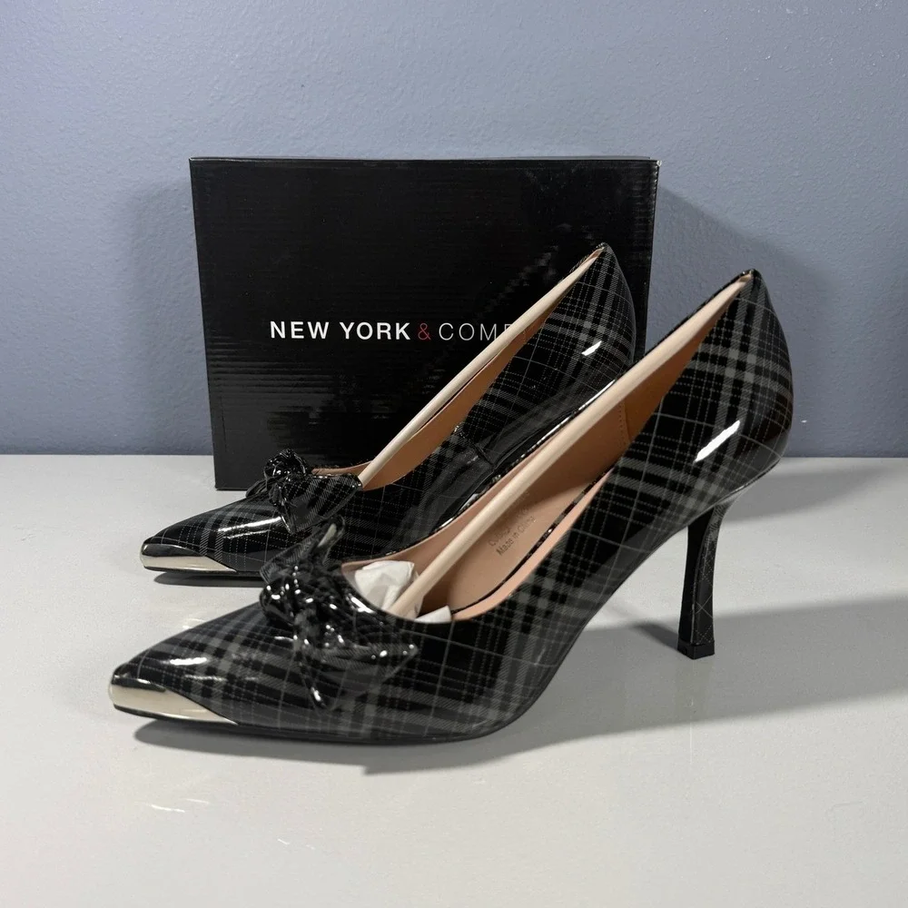 New York & Company Wendy Metal Accent Bow Pump Black Grey Plaid Stiletto Size 9‎
